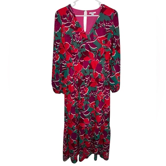Bar III Red Green Floral Maxi Dress Size Medium Tiered Cottagecore Colorful - Picture 3 of 9